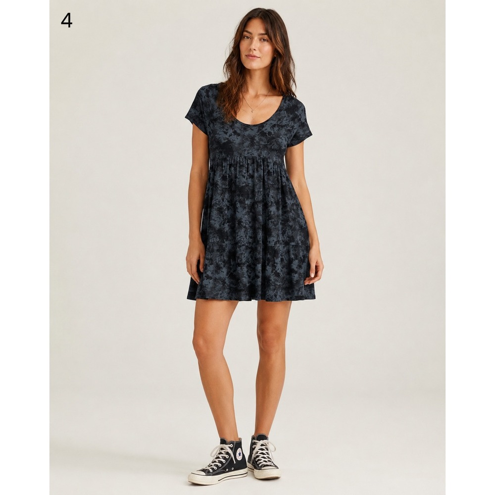 Pact‎ Tie Dye Babydoll Dress Womens Small Short Gray Blue Organic Cotton Pockets